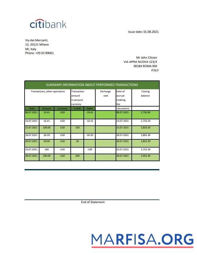 Printable Italy Citibank bank statement excel sample